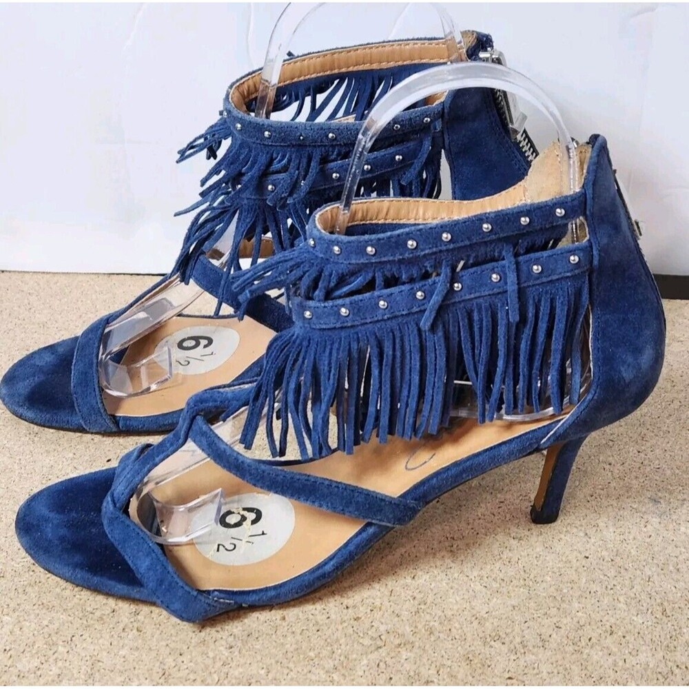 Report Elle Stiletto Heels Blue Suede Size 6.5 Fringe Strappy 4” Heel